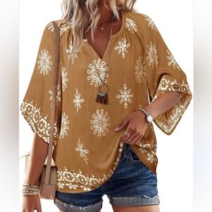 162 Bebonnie Boho Tan Embroidered Blouse Size L | Peasant Sleeve Top
